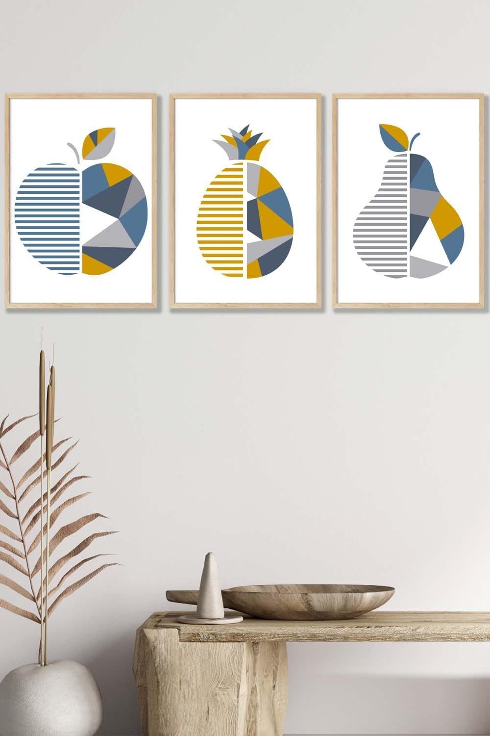 Geometric Fruit Apple Blue Yellow Framed Wall Art - Medium